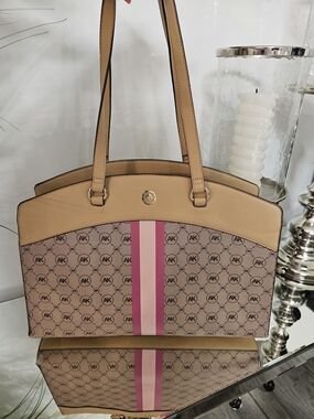 Anne Klein Tan & Pink Logo Stripe Tote